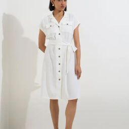 Wardrobe by Westside White Solid Cotton Shirt Dress with Belt-image-47