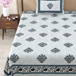 Urban Jaipur White & Navy Blue Floral 210 TC Single Bedsheet with 1 Pillow Covers-image-86