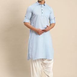 RAJUBHAI HARGOVINDAS Men Blue Woven Design Pure Cotton Pathani Kurta-picture-41