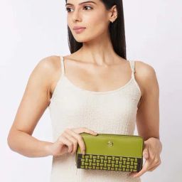 Caprese ZETA Green & Black Textured Zip Around Wallet For Women-image-65