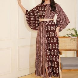 Stitchinc The Split Two Tone Floral Printed Top & Long Skirt-image-93