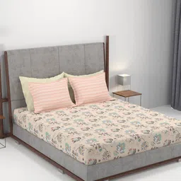 MYTRIDENT Home Essential Peach-Coloured Floral Cotton 144 TC King Bedsheet Set-2.74mX2.74m-image-37