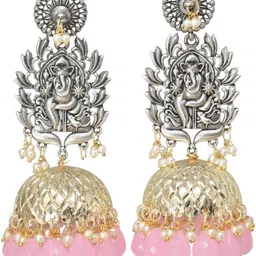 MEIRA JEWELLERY German Silver-Plated Stones Studded & Beaded Temple Dome Shaped Jhumkas-picture-3