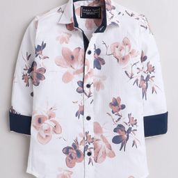 Polka Tots Full Sleeves All Over Floral Printed Shirt - White & Pink-image-15
