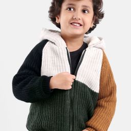 Babyhug Full Sleeves Hooded Color Block Sweater- Green Brown & White-image-5