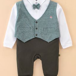Mini Taurus Cotton Full Sleeves Party Rompers with Waistcoat and Bow Applique - Olive Green-image-56