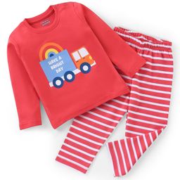 Babyhug Single Jersey Cotton Knit Full Sleeves Night Suit with Truck Print - Red-image-85