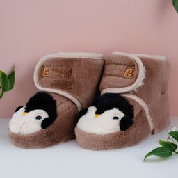 Baby Moo Penguin Face Detailed Velcro Closure Fur Booties - Brown-image-53