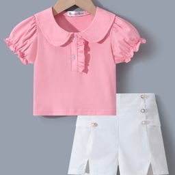 Kookie Kids Half Sleeves Solid Color Top & Shorts Set - Pink-image-19