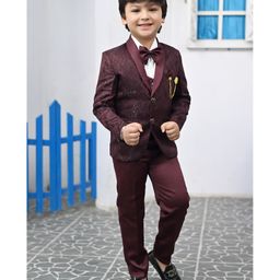 BT DEZINES Satin Full Sleeves Jacquard Weave Pattern Designed 5 Piece Shirt & Bottom Set - Maroon-image-92