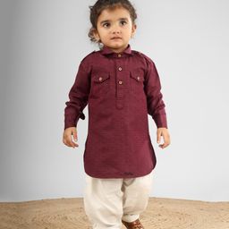 Polka Tots Full Sleeves Abstract Design Printed Pathani Set - Maroon-picture-11