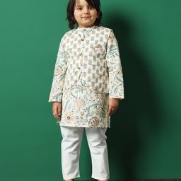 READIPRINT Full Sleeves Floral  Printed  Cotton Kurta Pyjama With  Jacket -  Off White-image-4