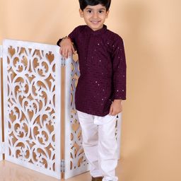 MoMaa Full Sleeves Checked Sequin Embellished Kurta & Pyjama Set - Wine Purple-image-75