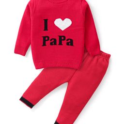 Babyhug Knitted Full Sleeves Sweater Set Text Design - Red-image-36