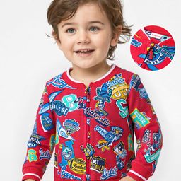 Babyhug Cotton Knit Full Sleeves Front Open Bomber Jacket With Text Prints - Red-image-20