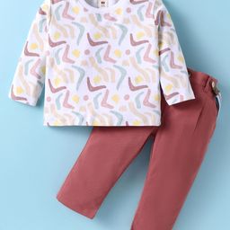 ToffyHouse Cotton Full Sleeves T-Shirt with Abstract Print &Trouser Set - White & Maroon-image-11