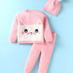 Yellow Apple Full Sleeves Sweater Set Kitty Design & Cap - Pink-image-56