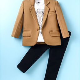 Robo Fry Knit Full Sleeves Blazer With Text Printed T-Shirt & Trouser Set - Tan-image-25