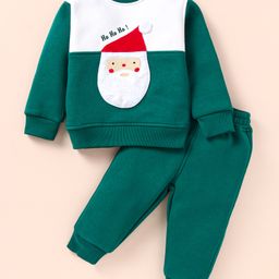 Little Kangaroos Fleece Knit Full Sleeves Winter Wear Suit With Santa Claus Applique - Dark Green & White-image-91