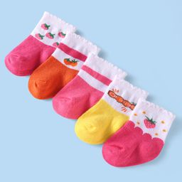 Cute Walk By Babyhug Cotton Knit Anti-Bacterial Ankle Length Socks With Fruits & Color Block Design Pack Of 5 - Pink Yellow & Red-image-79