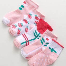 Doodle Poodle Cotton Knit Ankle Length Socks with Floral Design Pack of 5 - Bright White & Pink-image-92