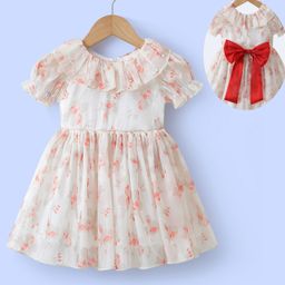 Mark & Mia Half Puffed Sleeves Floral Printed Party Frock with Bow Applique & Pearl Embellishment - Pink-image-72