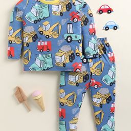 Little Marine Cotton Knit Full Sleeves Vehicles Printed Night Suit Set - Blue-image-71