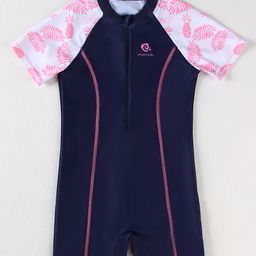 Pine Kids Half Raglan Sleeves Legged Swimsuit With Leaf Print - Navy Blue-image-82