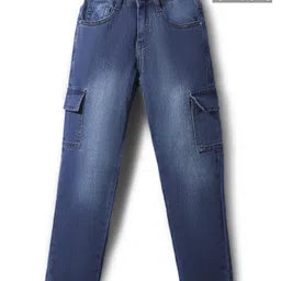 Pine Kids Woven Full Length Washed Denim Jeans With Cargo Pockets - Navy Blue-picture-31