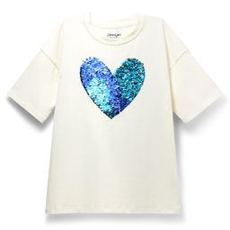 Primo Gino Cotton Knit Half Sleeves Drop Shoulder T-Shirt With Heart Reversible Sequins Embroidery - White-image-99