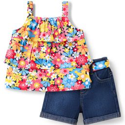 Babyhug Single Jersey Knit Sleeveless Top & Shorts Set with Floral Print - Multicolor-image-56
