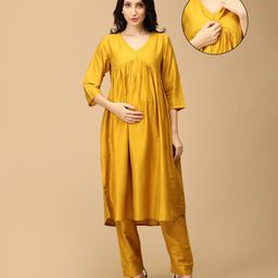 The Mom Store Silk Three Fourth Sleeves Solid Maternity Kurta With Nursing Access & Salwar Set - Yellow-image-84