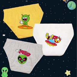 NUSYL Cotton Pack Of 3 Space Theme Printed Briefs - Yellow White & Grey-image-68