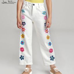 Arias Cotton Elastane Woven Full Length Stretch Jeans With Floral Embroidery - White-image-61