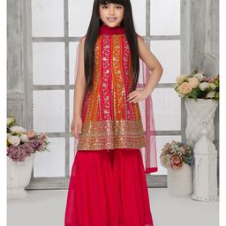 Tiny Kingdom Georgette Sleeveless Floral Sequins Embroidered Kurta Gharara With Dupatta Set -Orange-image-15