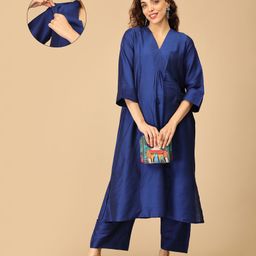 The Mom Store Silk Three Fourth Sleeves Solid Maternity Kurta With Nursing Access & Salwar Set - Blue-picture-9