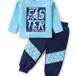 Doodle Poodle 100% Cotton Full Sleeve Text Printed Cut & Sew T-Shirt & Lounge Pant Set - Aqua Blue-image-49