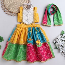 TINY MINY MEE Cotton Woven Sleeveless Mirror Work Detailed Bandhani Printed & Gota Lace Embellished Lehenga Choli With Dupatta Set - Multi Colour-image-76