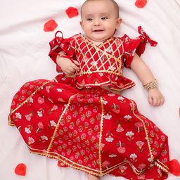BownBee Pure Cotton Woven Half Flutter Sleeves Floral Printed Gota Lace Embellished Lehenga Choli Set - Red-picture-24