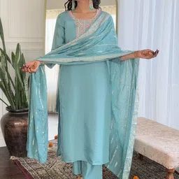 KALINI Ethnic Motifs Embroidered Chanderi Silk Straight Kurta With Trousers And Dupatta-23