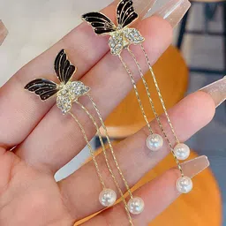 KRENOZ Gold-Plated Pearls Beaded & Rhinestone Studded Butterfly Shaped Drop Earrings-58