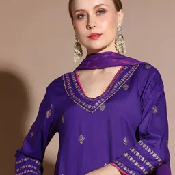 Anouk Purple Floral Printed Gotta Patti Straight Kurta With Palazzo & Dupatta-picture-33