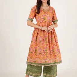 KALINI Floral Printed Gotta Patti Pure Cotton Anarkali Kurta With Palazzos-image-17