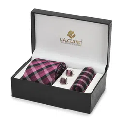 Cazzano Men Checked Slim Tie Cufflinks & Pocket Square Accessory Gift Set-image-41