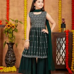 Aarika Kids Dark Green Embroidered Kurta, Sharara, Dupatta with unstitched Sleeves-image-97