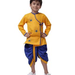 Ahhaaaa Kids Yellow & Navy Embroidered Kurta with Dhoti-image-24