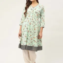 Jompers Green Pure Cotton Floral Print Flared Kurta-picture-32