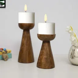 Homesake Walnut Cubist Brown Wood Large Pillar Candle Stand with Small Pillar Candle Stand-image-6