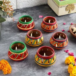 VarEesha Earthen Sparkle Multicolor Terracotta Tea Light Holder - Set of 6-image-11