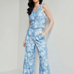 AND Blue & White Blended Floral Print Crop Top With Pants-image-70